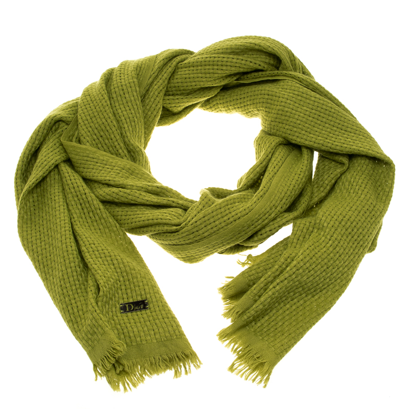 Pre Owned وشاح ديور حواف شراشيب كشمير باسكتويف خضراء ليمونية