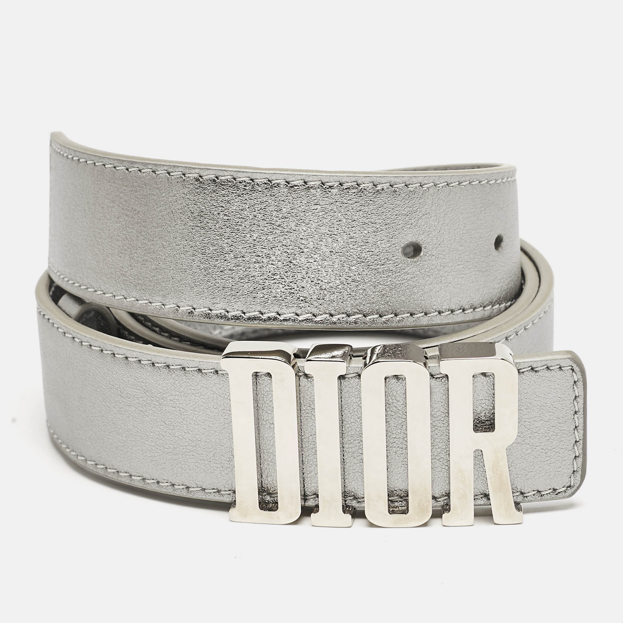 

Dior Silver Leather D-Fence Buckle Belt