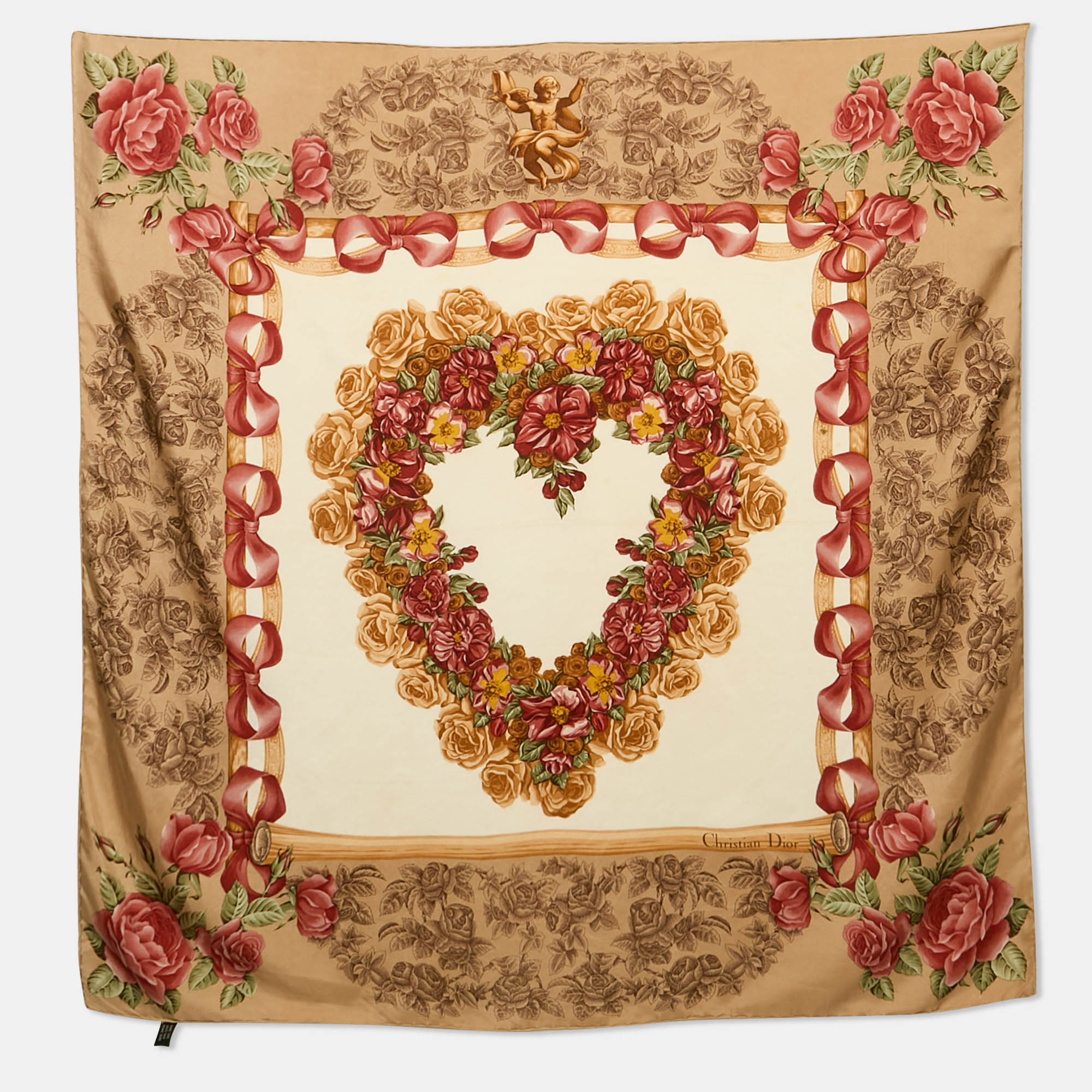 

Christian Dior Beige Bow Print Silk Scarf