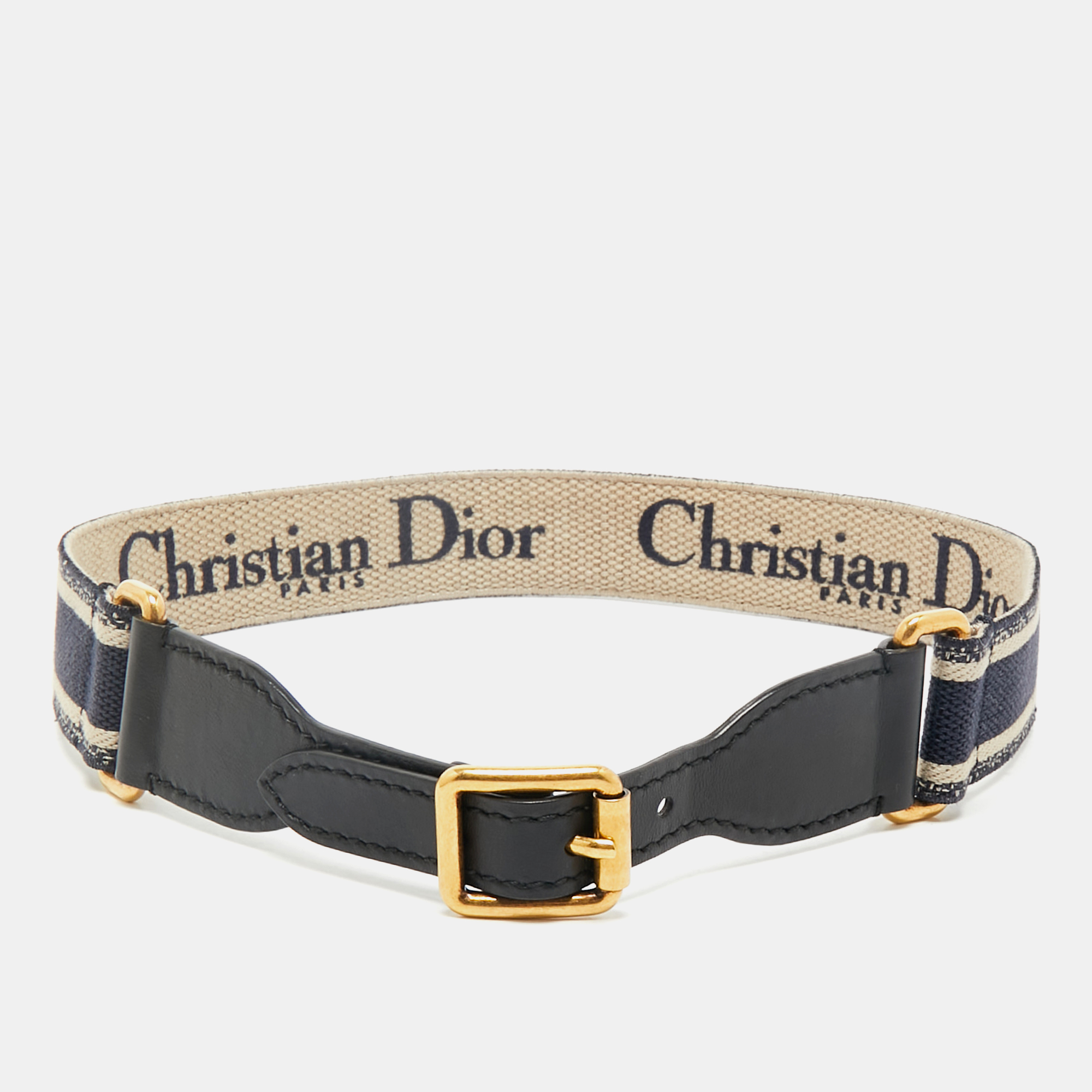 

Dior Navy Blue/Black Embroidered Canvas and Leather Waist Buckle Belt 75CM
