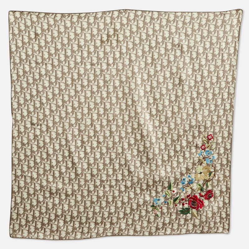 

Dior Brown Floral Embroidered Diorissimo Silk Square Scarf