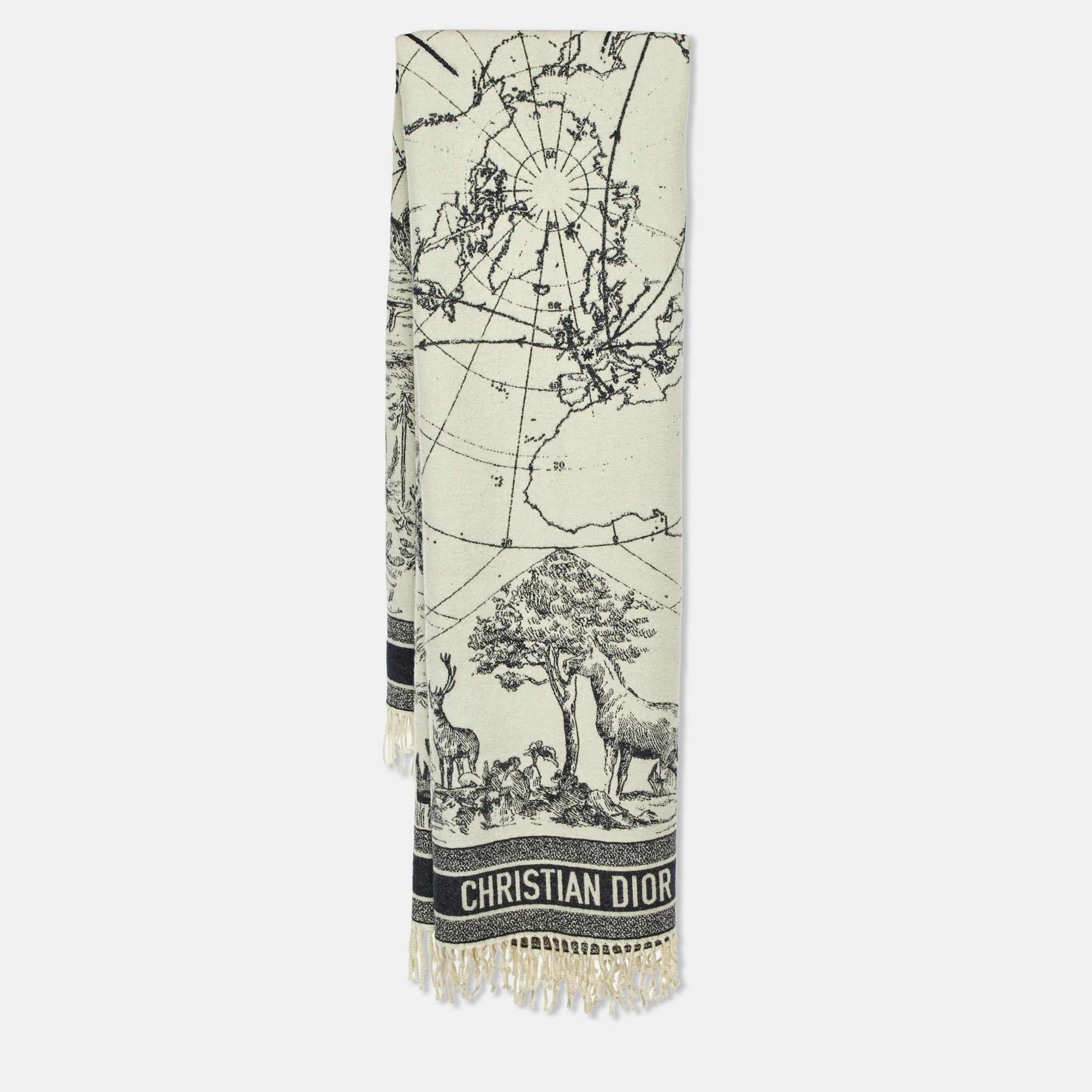 Pre-owned Dior Ivory Zodiac Toile De Jouy Wool Blanket/shawl In White