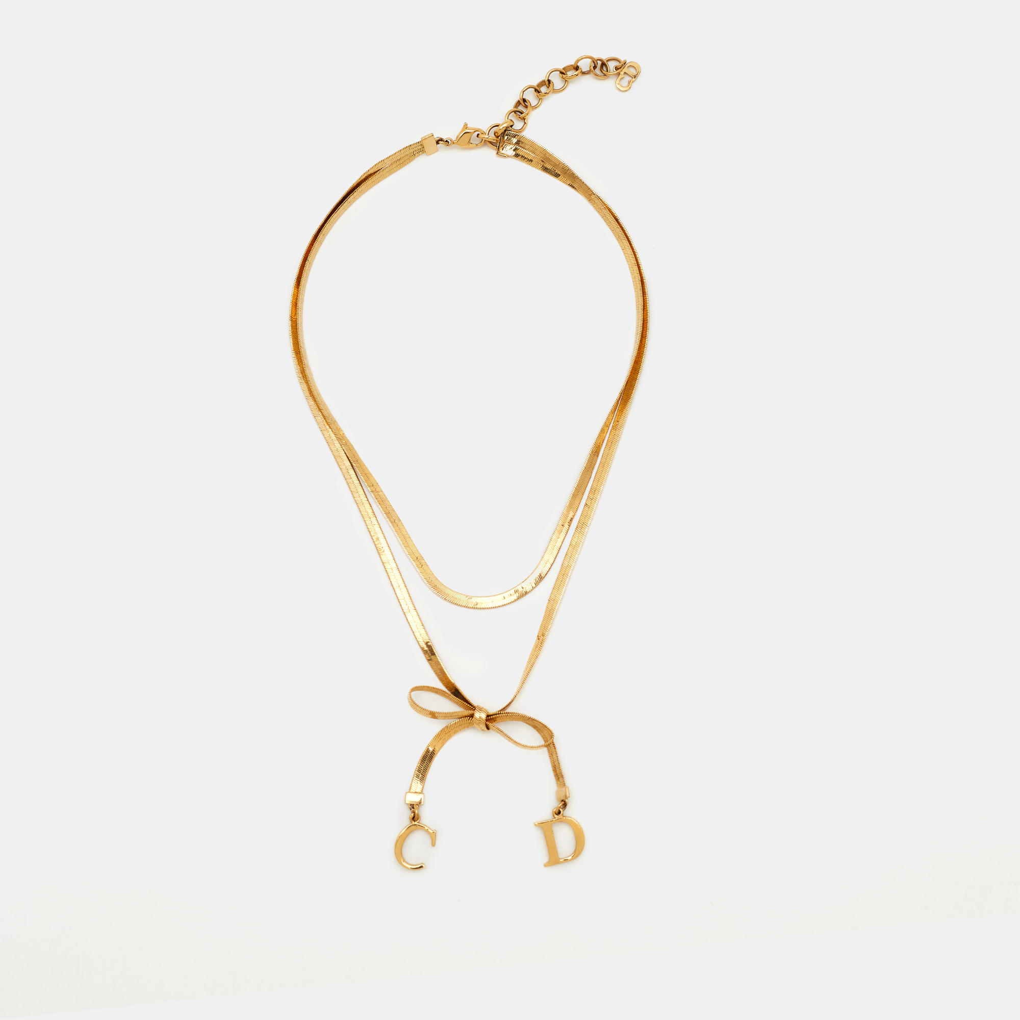 Dior Vintage CD Bow Gold Plated Double Chain Necklace