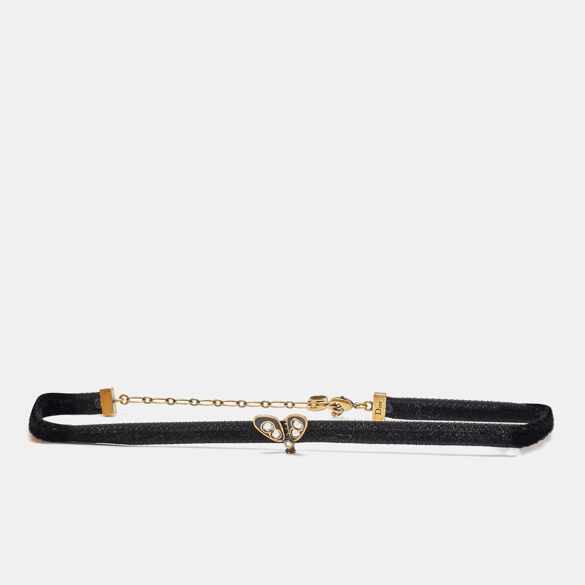 Pre-owned Dior Butterfly Crystals Enamel Gold Tone Velvet Necklace