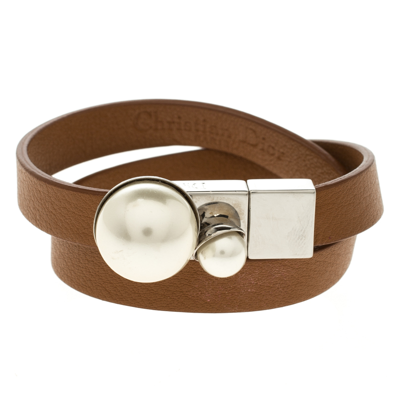 Dior Faux Pearl & Brown Leather Double Tour Bracelet S Dior TLC