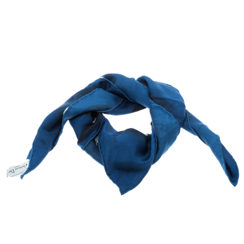 Pre Owned Dior Blue Abstract Rose Print Silk Square Scarf