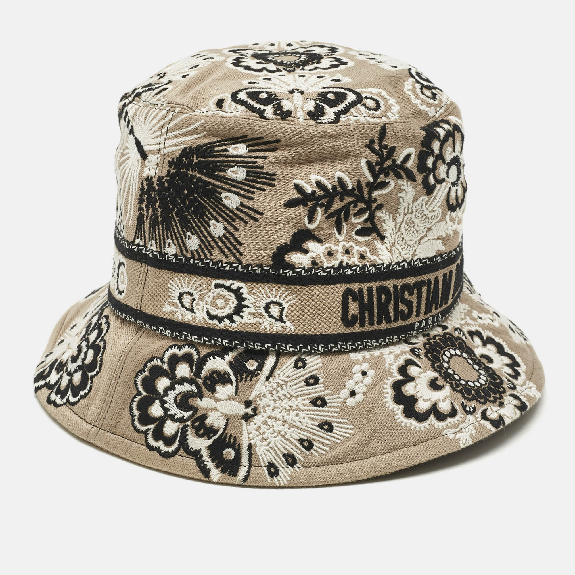 Pre-owned Dior Beige Embroidered Canvas D-bobby Bucket Hat Size 59 In Sand