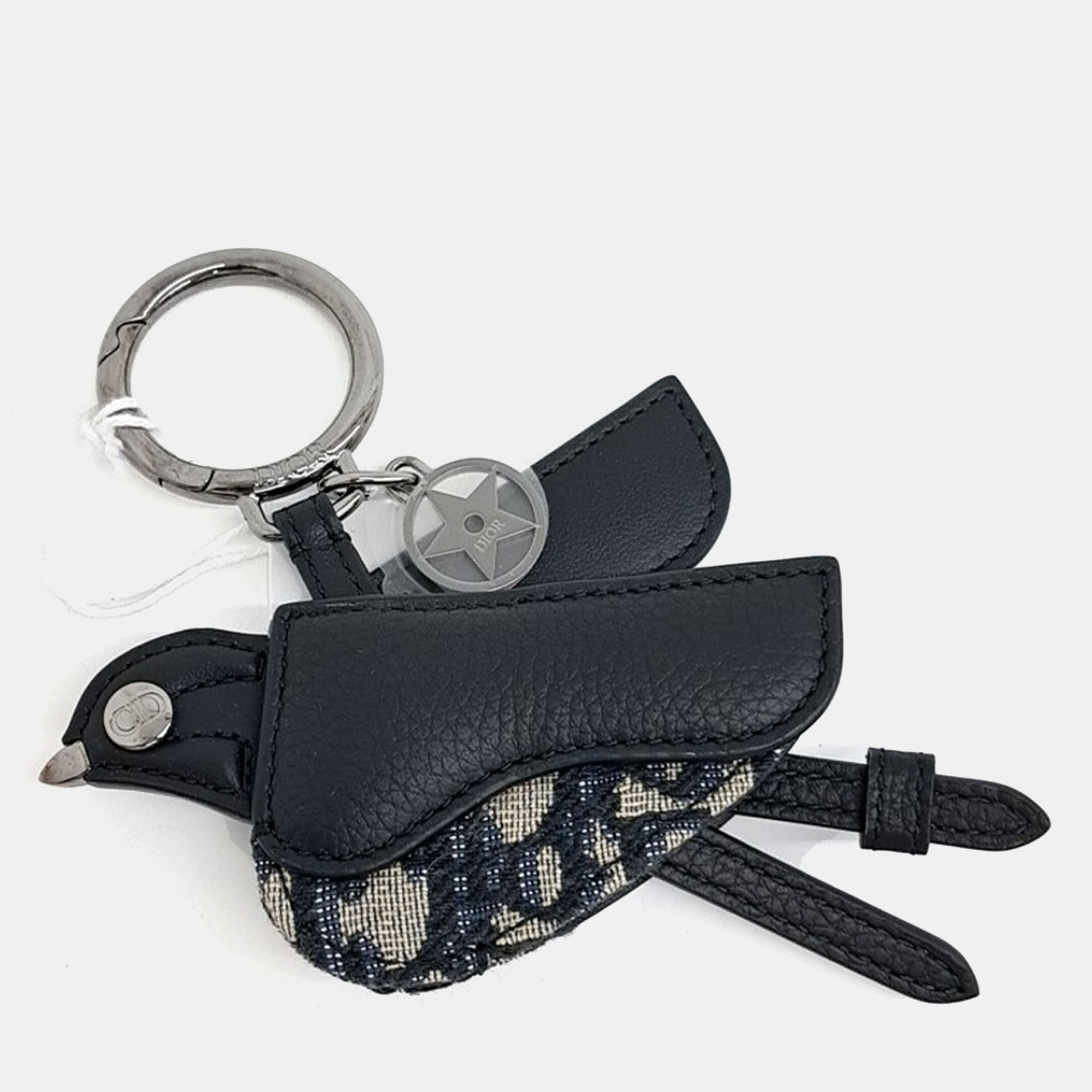 Pre-owned Dior Black Leather Saddle Bird Keychain