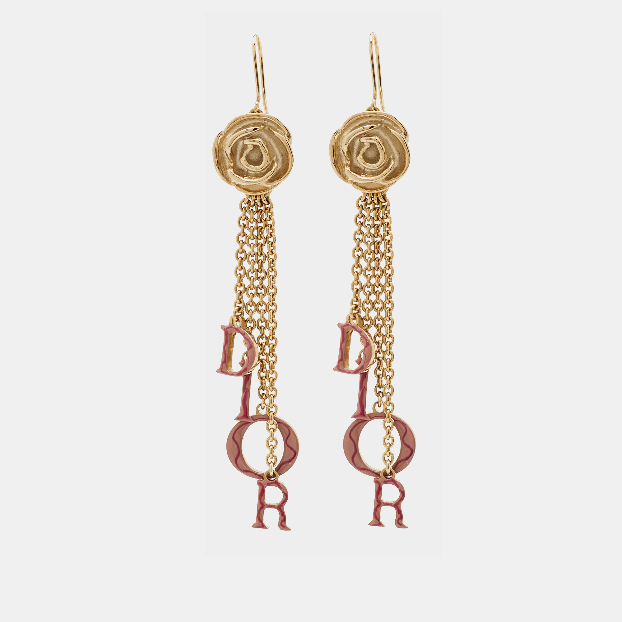 

Dior Rose Enamel Gold Tone Drop Earrings