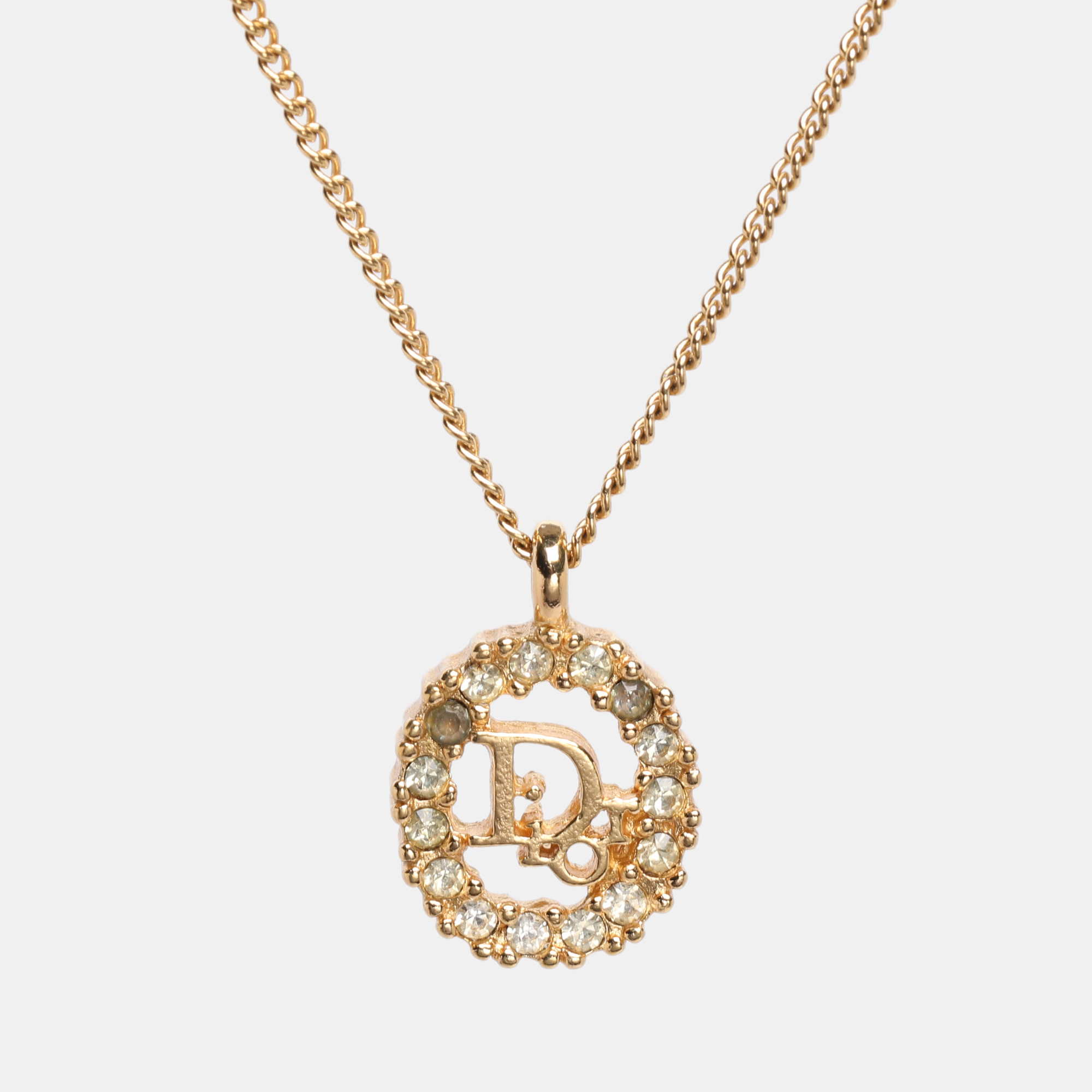 Pre-owned Dior Gold Tone Rhinestone Logo Pendant Necklace