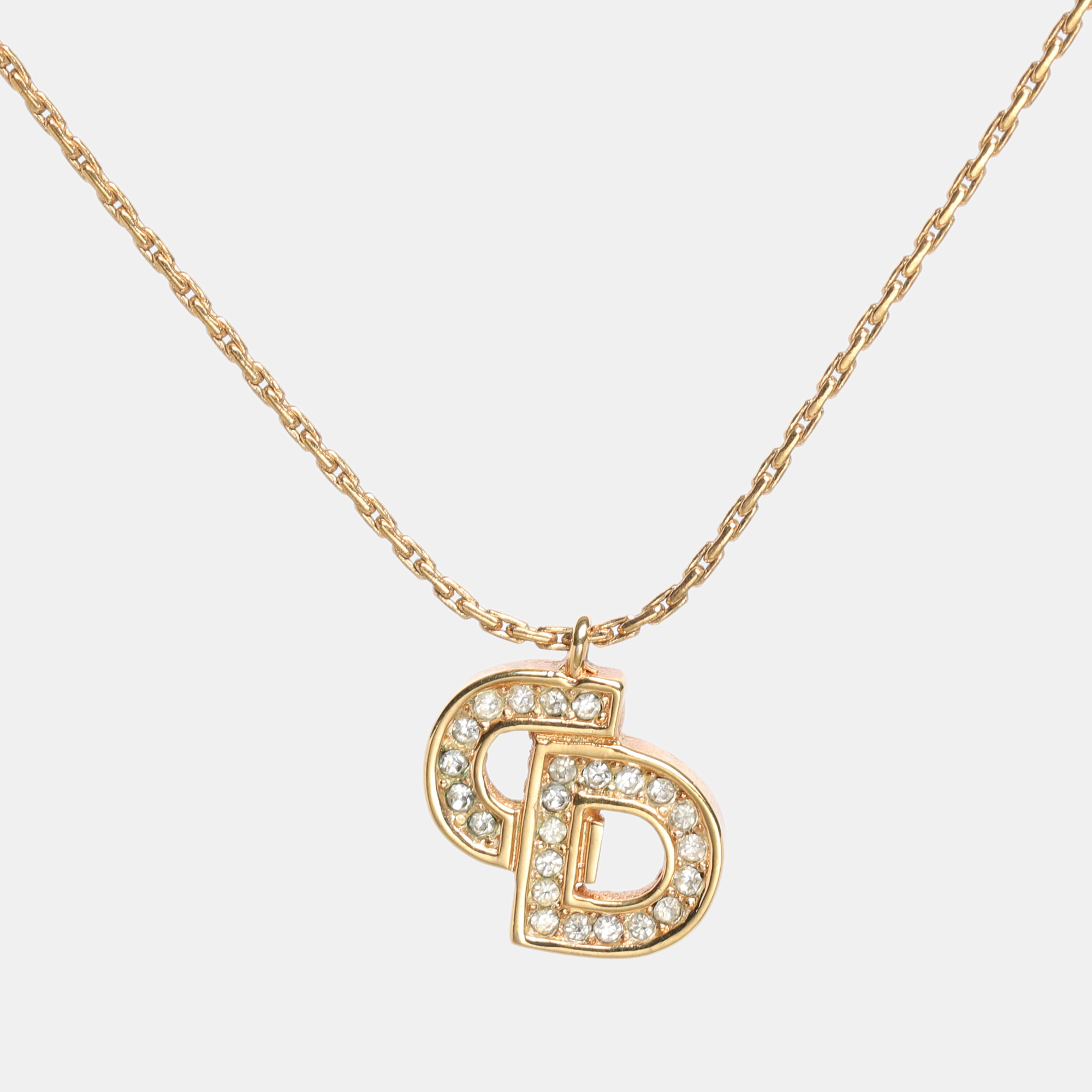 Pre-owned Dior Gold Tone Rhinestone Cd Pendant Necklace