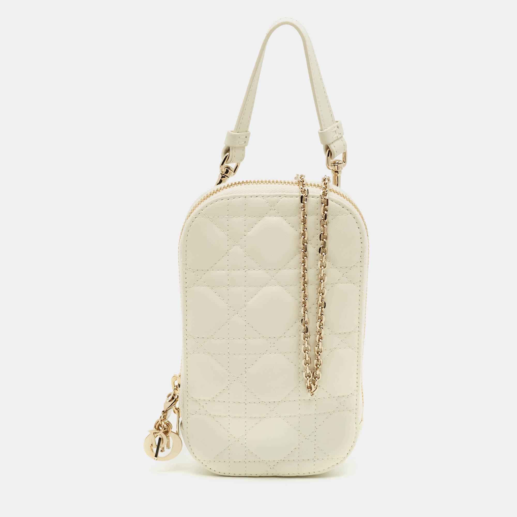 

Dior White Cannage Leather Lady Dior Call'in Dior Phone Holder with Chain