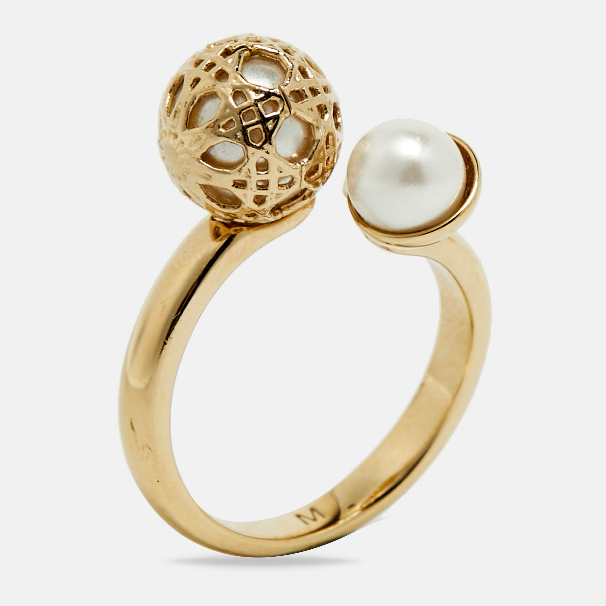 

Dior Secret Cannage Faux Pearl Crystal Gold Tone Open Ring Size