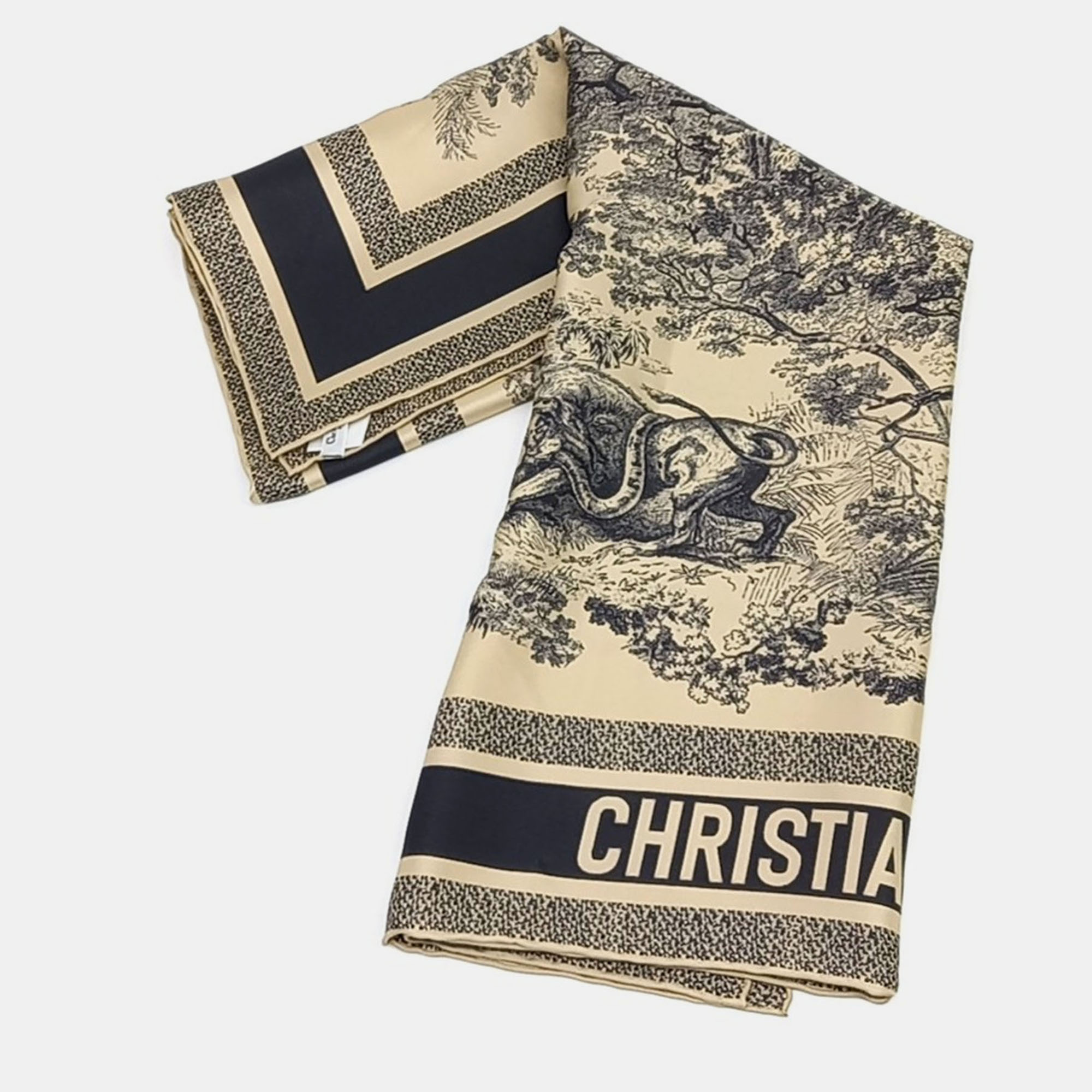 Pre-owned Dior Beige/navy Blue Silk Scarf In Sand