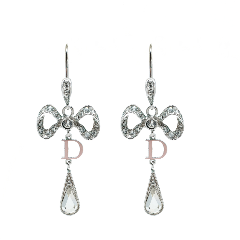 Pre Owned Dior Bow Crystal Enamel Silver Tone Dangle Hook Earrings