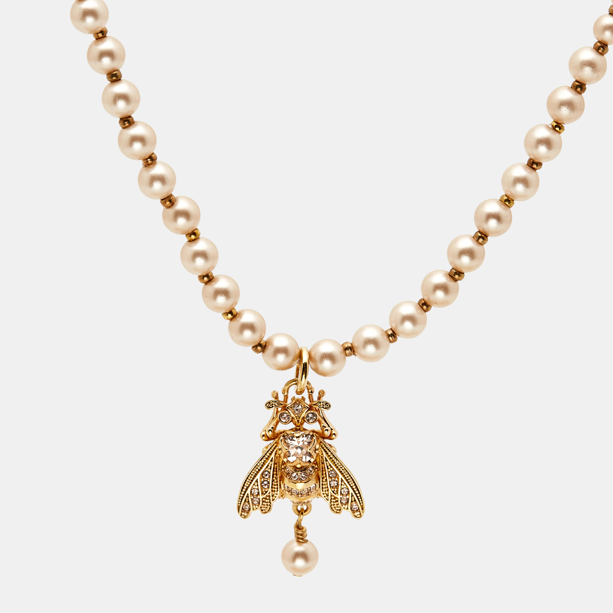 

Dior Bee Motif Crystal Faux Pearl Gold Tone Necklace, Pink
