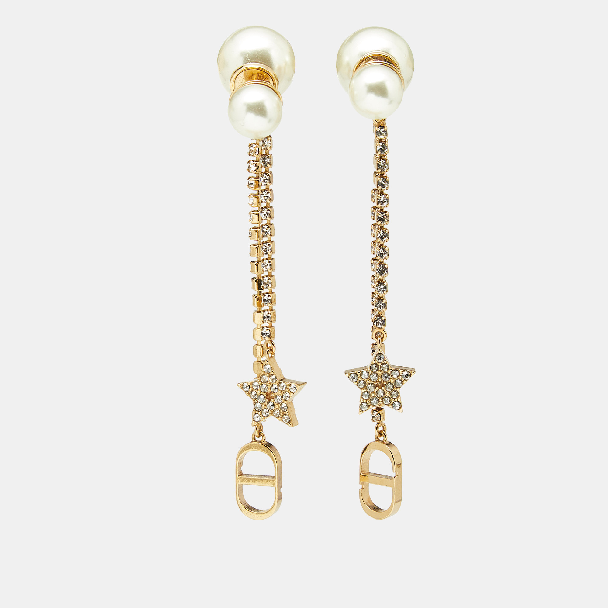 

Dior Tribales Faux Pearl Crystals Gold Tone Dangle Earrings