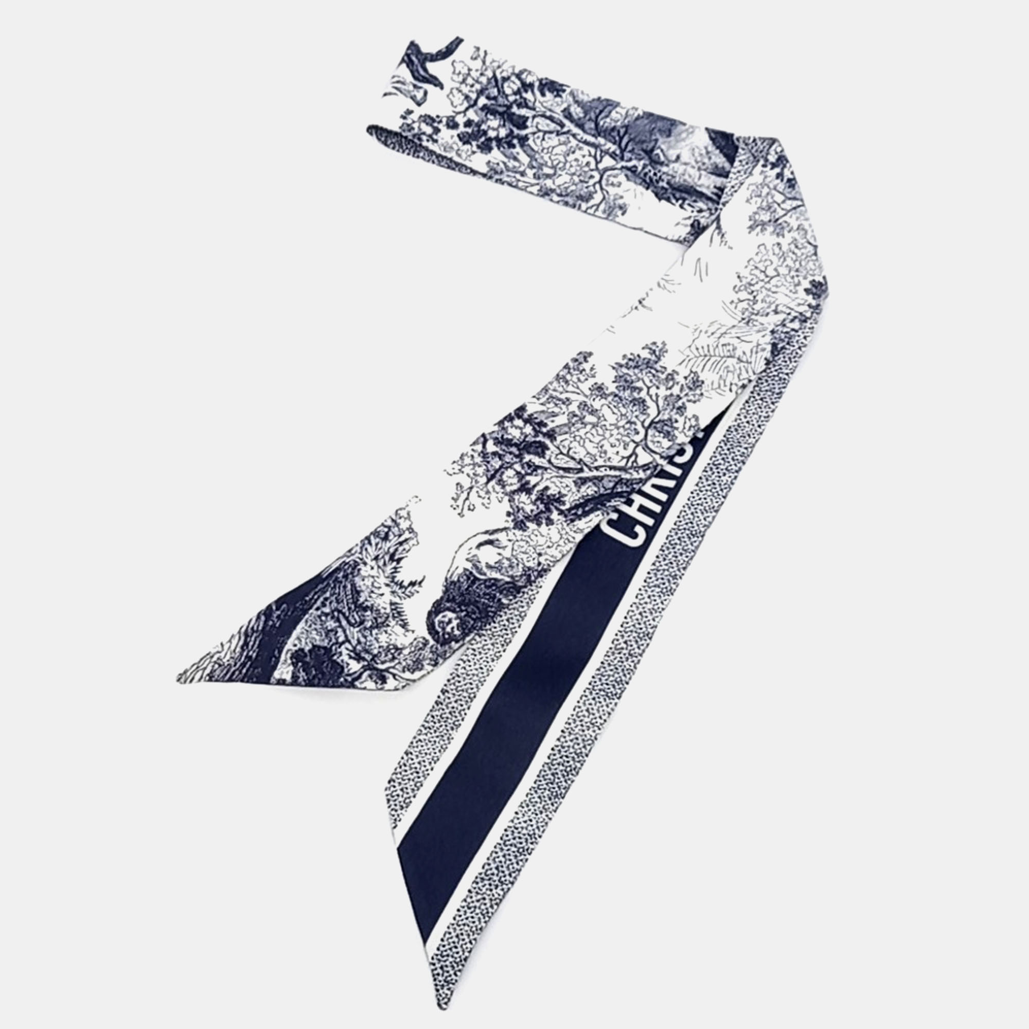 

Dior Twilly Navy Blue, White Silk Scarf