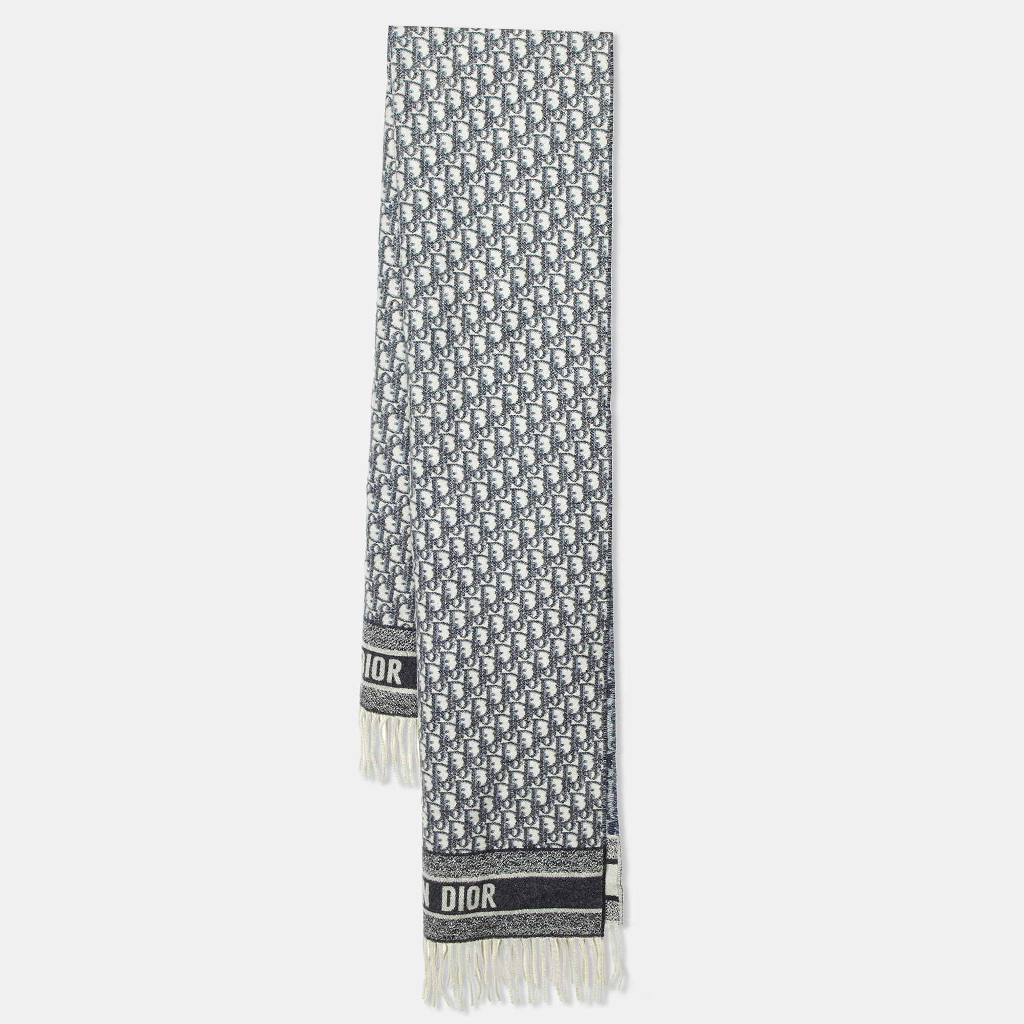 

Dior Navy Blue Oblique Cashmere Fringed Scarf