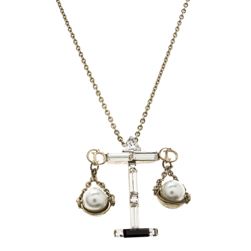 Pre Owned Dior Tell Me Dior Libra Faux Pear Gold Tone Pendant Necklace 