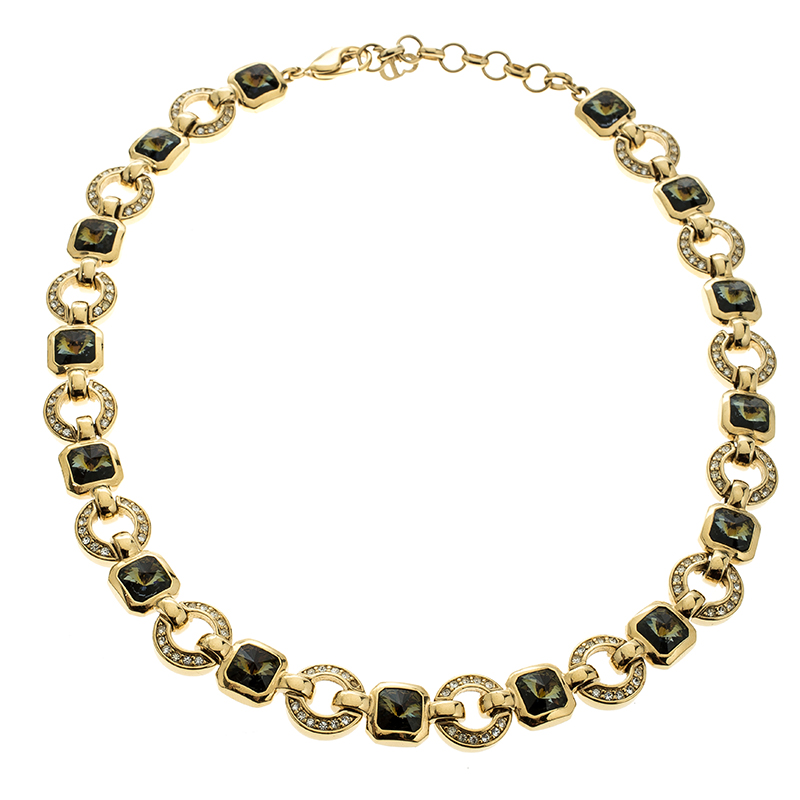 Pre Owned Dior Crystal Gold Tone Geometric Link Necklace