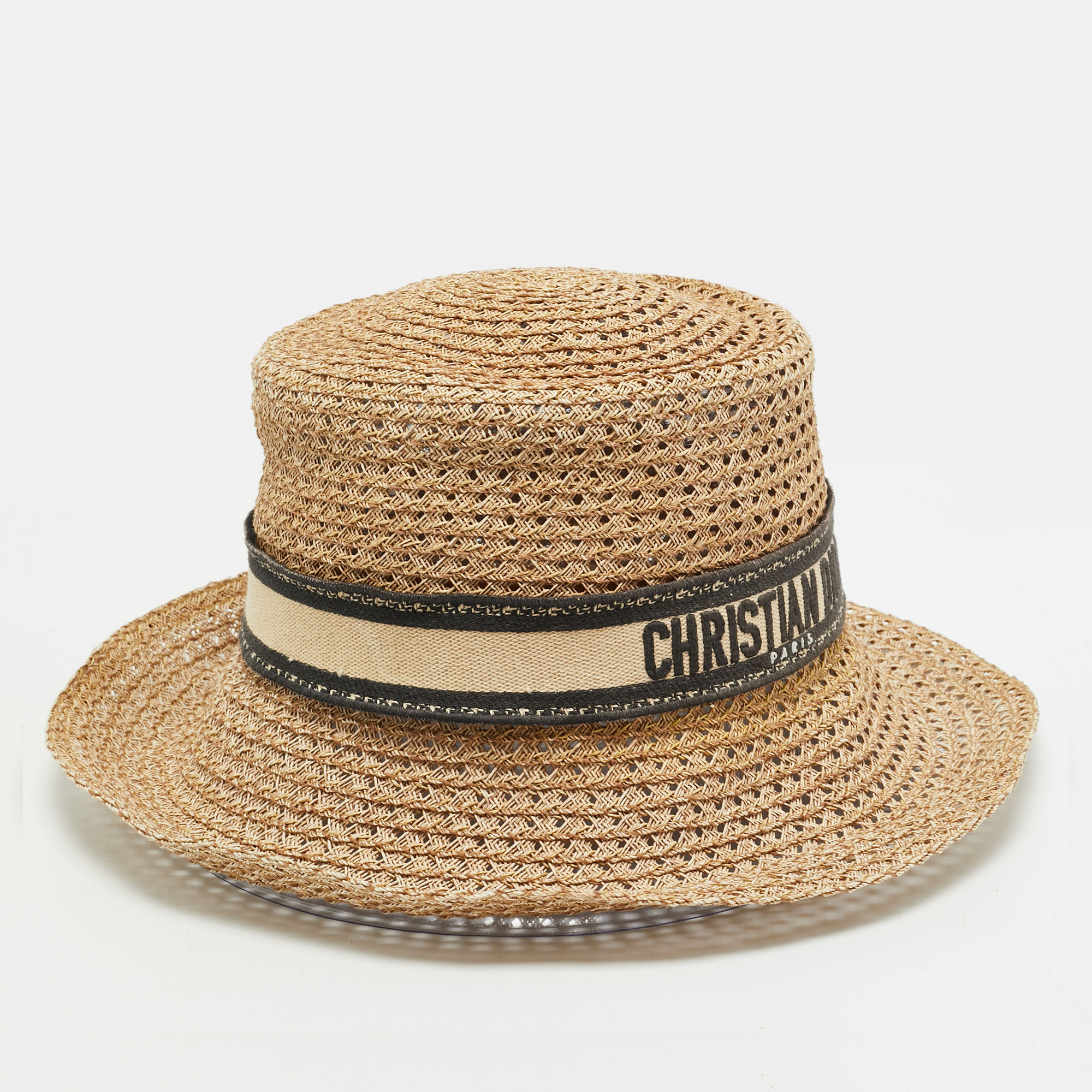 Pre-owned Dior Christian Beige Paper Straw D-bobby Large Brim Hat Size 57