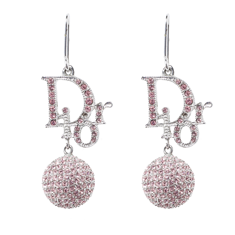 Dior Pink Crystal Embellished Silver Tone Drop Hook Earrings 