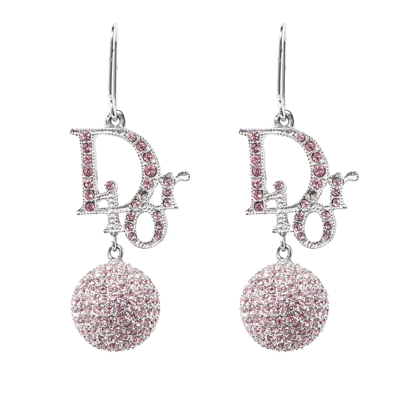 Pre Owned Dior Pink Crystal Embellished Silver Tone Drop Hook Earrings 
