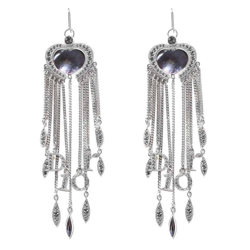 مملوكة مسبقًا Dior Heart Crystal Embellished Silver Tone Long Tassel Hook Earrings