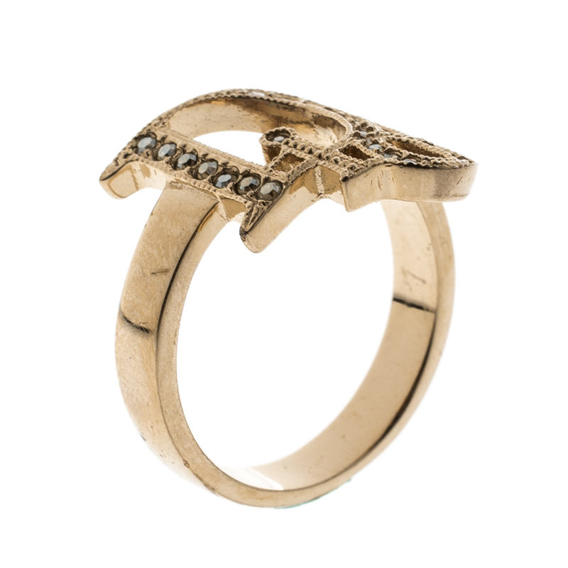 Pre Owned Dior Crystal Studded Logo Rose Gold Tone Ring Size 54