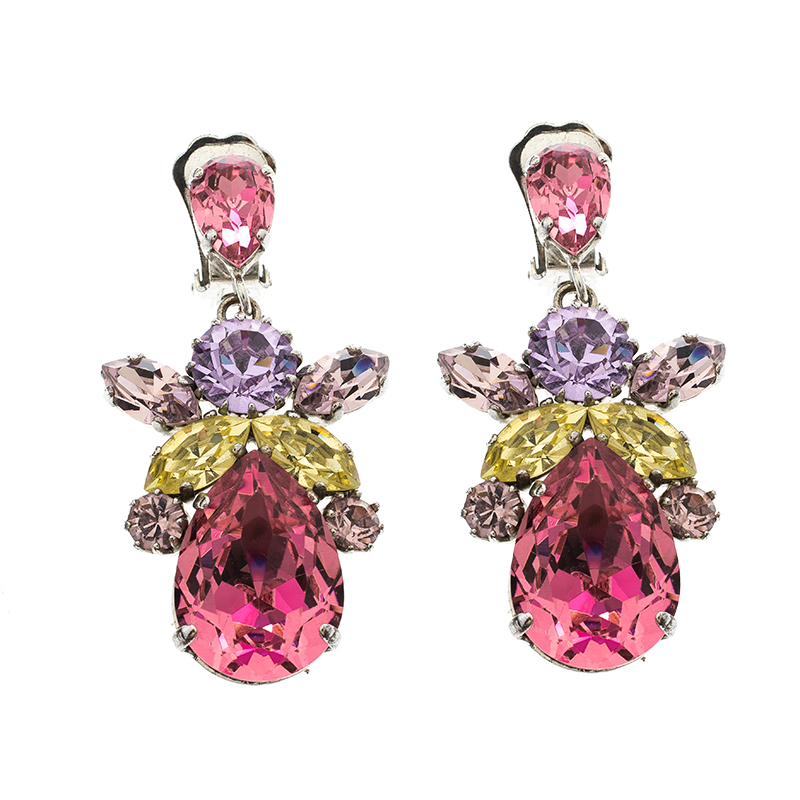 Dior Floral Multicolor Crystal Silver Tone Clip-on Drop Earrings