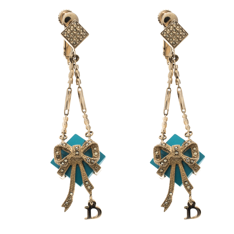 Pre Owned أقراط ديور حجر كريستال أزرق ذهبي وردي طويل