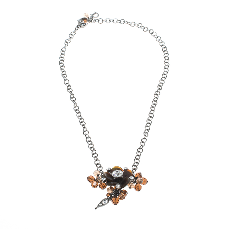 Dior Brown Crystal Flower Gunmetal Tone Chain Link Choker Necklace Dior The Luxury Closet