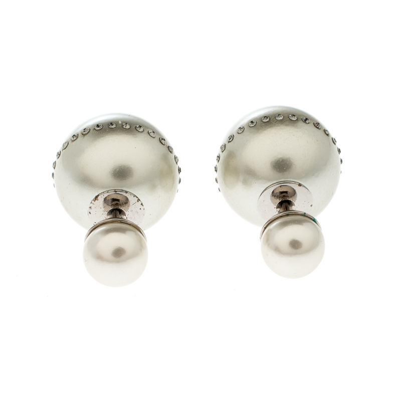 Dior Tribales Faux Pearl Crystal Embellished Silver Tone Earrings 