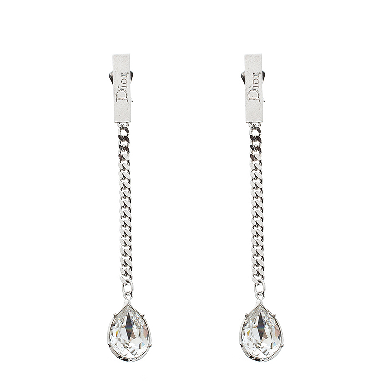 Pre Owned Dior Crystal Silver Tone Chain Long Clip-on Drop Earrings