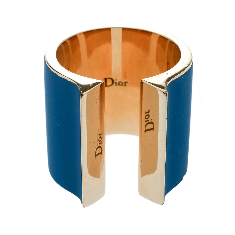 

Dior Blue Gum Tee Shirt Gold Tone Open Wide Band Ring Size