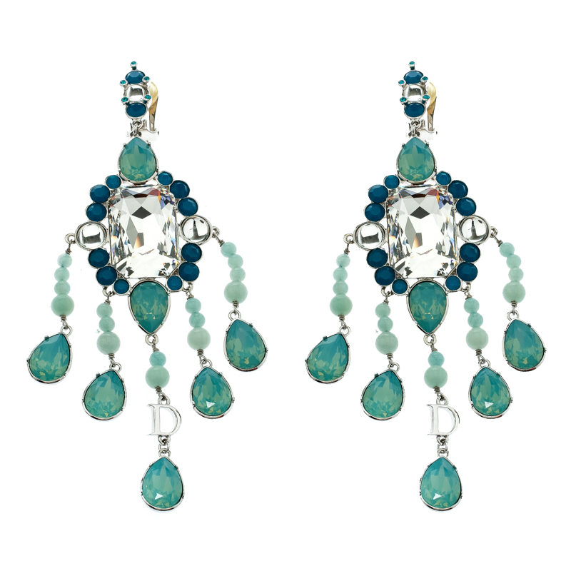 Pre Owned Dior Blue Crystal Embellished Silver Tone Clip-on Long Earrings