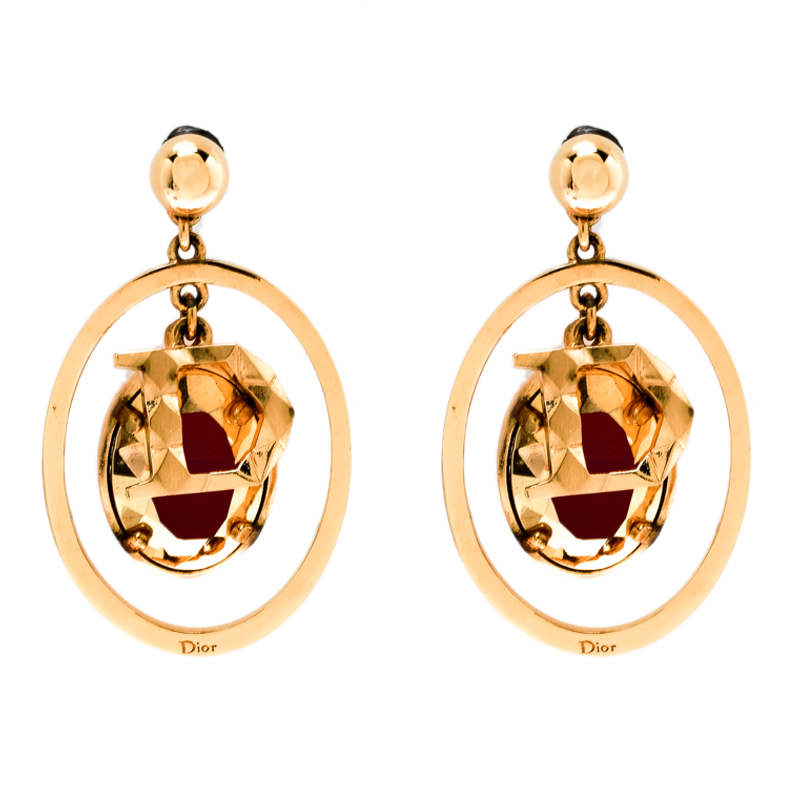 Dior Red Crystal Gold Tone Dangle Earrings