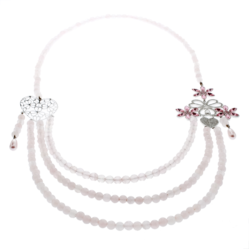 

Dior Pink Crystal Heart Flower Motif Rose Quartz Beads Multistrand Necklace