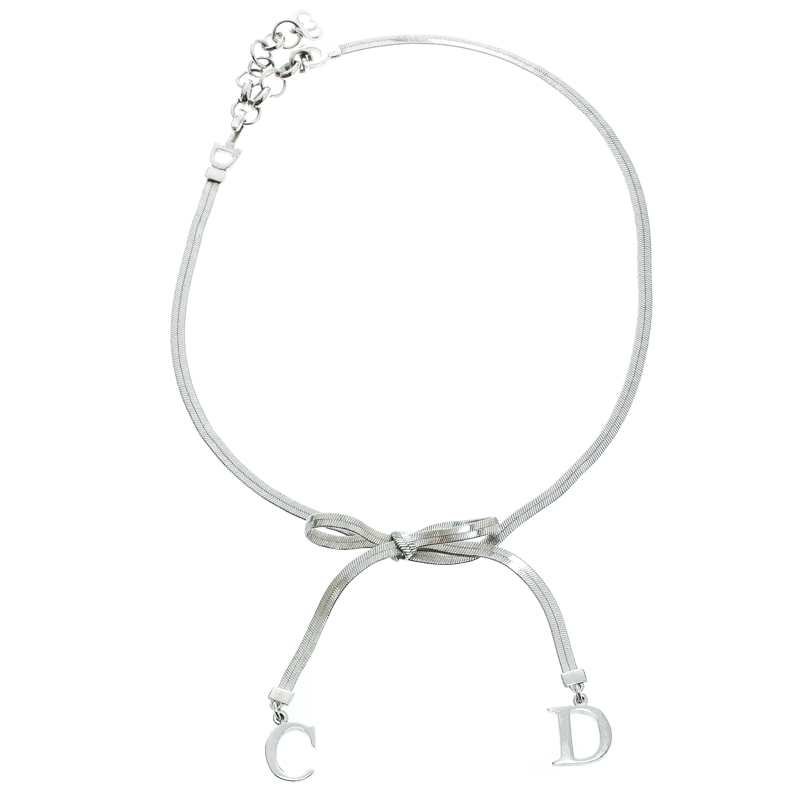 Pre Owned Dior Bow CD charm Silver Tone Snake Chain Necklace