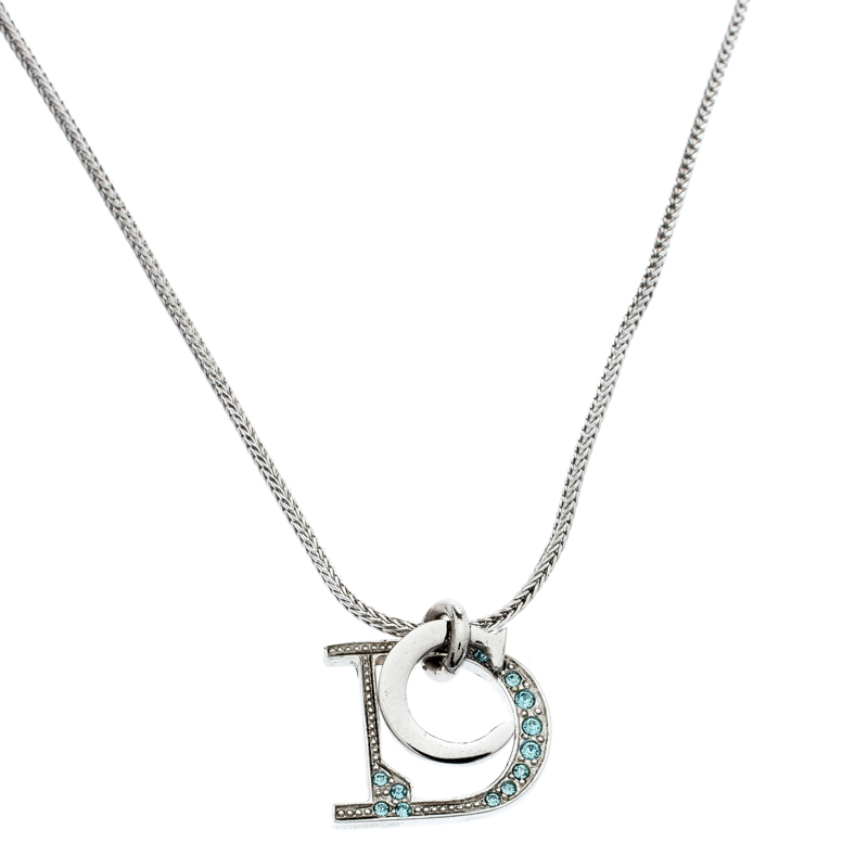 مملوكة مسبقًا Dior Crystal Encrusted Logo Pendant Silver Tone Necklace