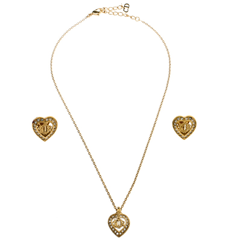 Pre Owned Dior Crystal Studded Gold Tone Necklace and Earrings Set