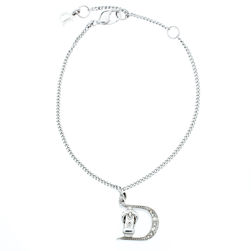 مملوكة مسبقًا Dior Crystal Encrusted Gaucho Logo Silver Tone Bracelet 