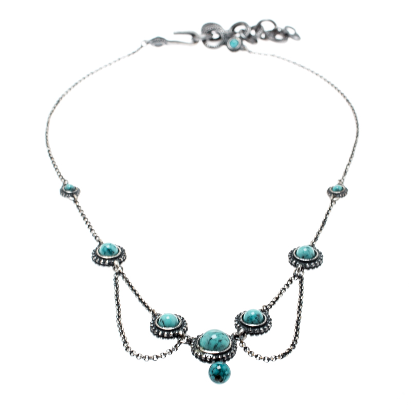 

Dior Turquoise Bead Embedded Antique Silver Tone Choker Necklace, Blue