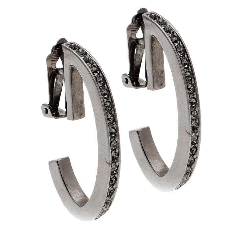 

Dior Silver Tone Crystal Studded Hoop Clip On Earrings