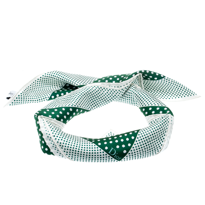 

Dior Green and White Polka Dotted Silk Square Scarf