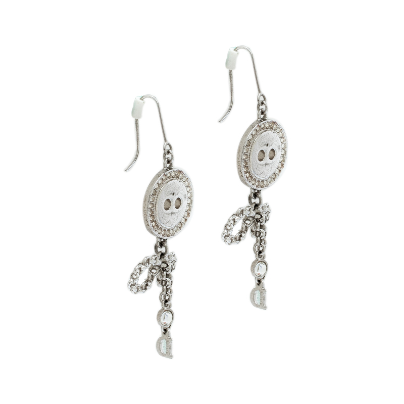 

Dior Bow Button Crystal Silver Tone Dangle Hook Earrings