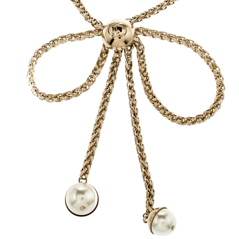 Dior Bow Faux Pearl Gold Tone Chain Necklace 