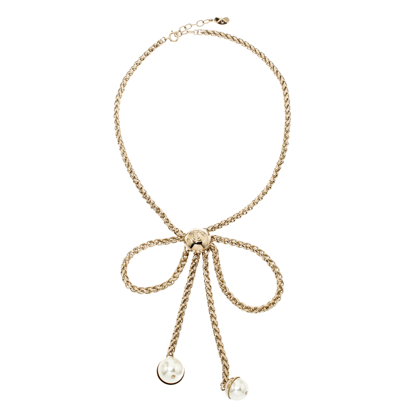 

Dior Bow Faux Pearl Gold Tone Chain Necklace