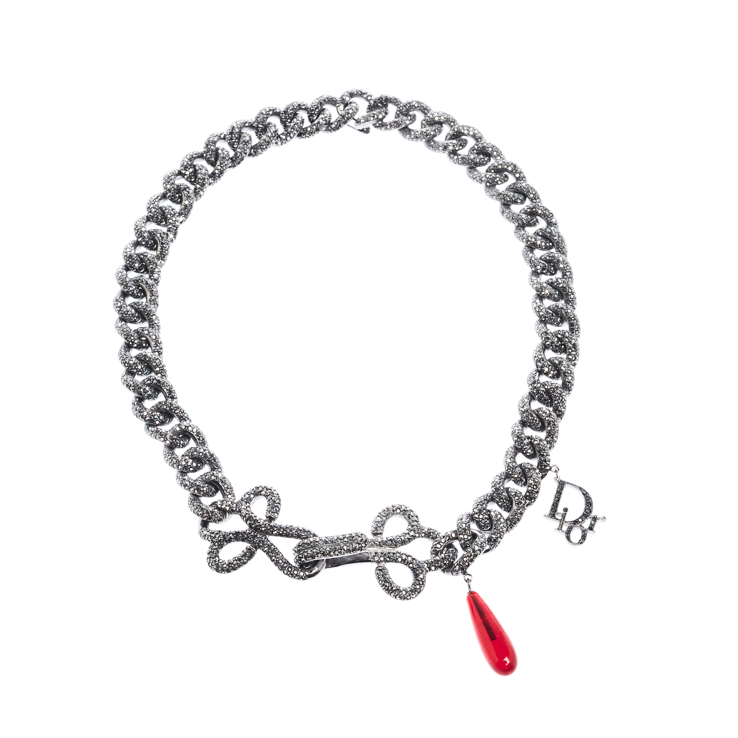 Dior Crystal Studded Gunmetal Tone Chain Link Choker Necklace Dior